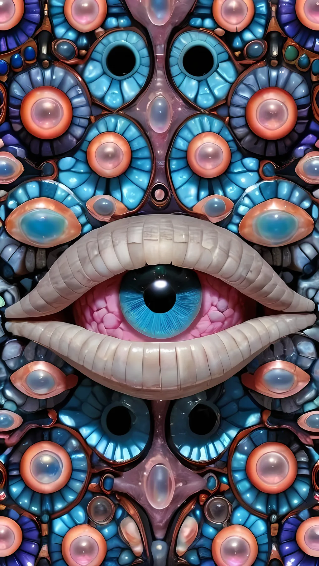 Prompt: Create an extremely hyper-realistic, ultra super textural, weird, trippy, surreal, psychedelic eyes/teeth/mouth pattern/design based on Mandelbrot & “Op Art tiling” with lots of human eyes (crazy colorful compound psychedelic), rows of human teeth, human lips, and tongues. 

- **Colors**: determined by the properties and expressions of the elements (& their isotopes), minerals, and metals: opal, moonstone, Kunzite, selenite, rose quartz, Platinum (Pt)

**Shapes and forms**
- Mandelbrot 
- "Op Art tiling" 
-other shapes determined by the natural properties and expressions of the elements (& their isotopes), minerals, metals, and biological organisms: opal, moonstone, Kunzite, selenite, rose quartz,  Platinum (Pt)


- **Textures**: Derived from any/all elements (& their isotopes), minerals, metals, crystals, organic things mentioned in this prompt: opal, moonstone, Kunzite, selenite, rose quartz, Platinum (Pt)

**Composition and Layout**:
- a pattern/design based on the Op Art tiling & Mandelbrot 

**Lighting**:
- lots of bright light
- Iridescence
- Aventurescence
- Chatoyancy
- Asterism

**Detail and Atmosphere**:
- Extreme hyperrealistic sharp high detail high definition organic and mineral textures
- Psychedelic, weird, odd, surreal atmosphere
- Frozen in time

**Additional Elements**:
- extra rows of teeth, lips, many eyes, Op Art tiling, Mandelbrot, Iridescence, Aventurescence, Chatoyancy
