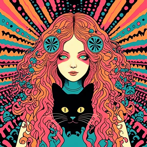 Prompt: <mymodel>Psychedelic poster illustration of a girl with long, curly blond hair, solid black cat, trippy mushrooms, vibrant colors, high-quality, poster art, surreal, detailed hair, psychedelic, detailed cat, colorful, vibrant, surreal, professional lighting