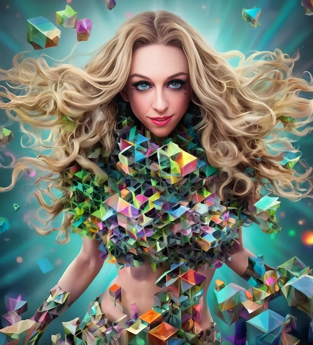 Prompt: a psychedelic hallucination of a female with long blond curly hair modeling avant Garde fashions accessories and makeup created directly out of multidimensional geometry fractals, hypercubes, non Euclidean geometry, psychedelic fashion halucinations 