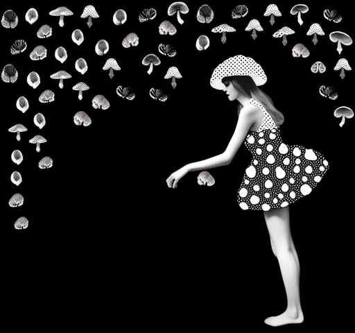 Prompt: a mixed media collage of a girl wearing or growing mushrooms/fungus as clothing body parts and accessories. She is a black and white or halftone photograph, the mushrooms and fungal growths are to be mixed media, including but not limited to paint, enamel, foils, glitter, sparkle, sequins, found objects, natural items, rhinestones etc <mymodel>