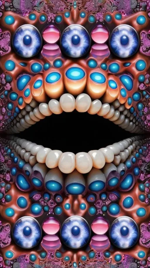 Prompt: Create an extremely hyper-realistic, ultra super textural, weird, trippy, surreal, psychedelic eyes/teeth/mouth pattern/design based on Mandelbrot & “Op Art tiling” with lots of human eyes (crazy colorful compound psychedelic), rows of human teeth, human lips, and tongues. 

- **Colors**: determined by the properties and expressions of the elements (& their isotopes), minerals, and metals: opal, moonstone, amethyst, rose quartz, Platinum (Pt)

**Shapes and forms**
- Mandelbrot 
- "Op Art tiling" 
-other shapes determined by the natural properties and expressions of the elements (& their isotopes), minerals, metals, and biological organisms: opal, moonstone, amethyst, rose quartz,  Platinum (Pt)


- **Textures**: Derived from any/all elements (& their isotopes), minerals, metals, crystals, organic things mentioned in this prompt: opal, moonstone, amethyst, rose quartz, Platinum (Pt)

**Composition and Layout**:
- a pattern/design based on the Op Art tiling & Mandelbrot 

**Lighting**:
- lots of bright light
- Phosphorescence

**Detail and Atmosphere**:
- Extreme hyperrealistic sharp high detail high definition organic and mineral textures
- Psychedelic, weird, odd, surreal atmosphere
- Frozen in time

**Additional Elements**:
- extra rows of teeth, lips, many eyes, Op Art tiling, Mandelbrot 
