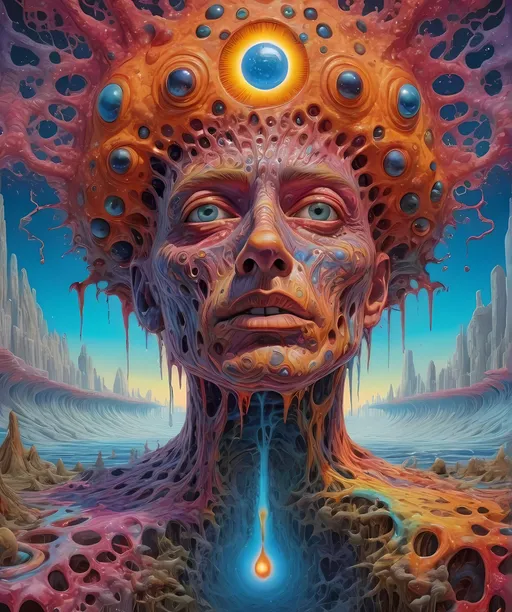 Prompt: Extreme psychedelic hyperrealism- Super high definition ultra textural Weird surreal depiction of ego death, melting into fractals, multidimensional geometric shapes, surrealism, detailed, highres, intense colors, eerie lighting, bizarre features, unsettling atmosphere, otherworldly, distorted proportions, mind-bending, dreamlike, abstract,, trippy psychedelic ultra detailed textures