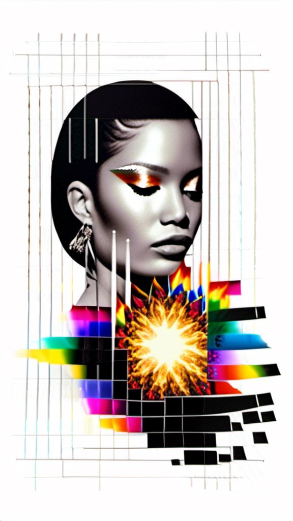Prompt: a mixed media collage portrait of a woman in a black or white photograph that has bit edited with other media to create a collage like illusion that she is burning in shining metallic glittery rainbow colored fire flames , sparkle, colored paints, rhinestones sequins paint paper high texture-multimedia rainbow astral flames bursting forth from a black and white photograph of a woman<mymodel>