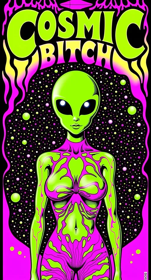 Prompt: **Cosmic Bitch - AI Art Prompt**

Create an artwork featuring the phrase "Cosmic Bitch" in a bold, sassy, girly futuristic tech font. The centerpiece is a stunning green-skinned alien female with a large somewhat conical shaped bald head & large solid black almond shaped eyes, exuding sass and confidence, dressed in avant-garde high fashion with a futuristic twist. Her ensemble is adorned with intricate accessories that scream alien chic.

Incorporate a vibrant UFO hovering in the scene, brimming with colorful lights that dance across the canvas. The background is a bustling outer space landscape, complete with an alien planet, swirling asteroids, and cosmic wonders. Alien glyphs are subtly woven into the design, adding an enigmatic touch.

The entire scene is a whirlwind of activity, filled with intricate details that draw the eye to every corner. From the tiniest star to the grandest asteroid, let no space go unadorned. The result is a masterpiece of cosmic chaos and extraterrestrial elegance.

Now, go forth and let your AI art creation shine in all its interstellar glory! 🌌👽✨