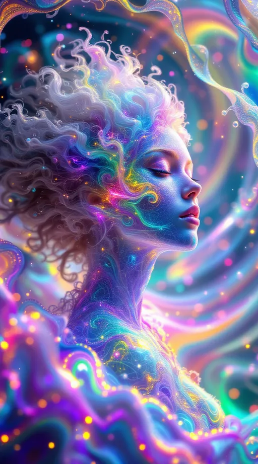 Prompt: A dazzling female figure floats in a radiant math-dimension—Merry, revealed in her truest form: a being of living rainbow light and layered geometry. Her body is sculpted from pure math—Inversion Bloom Spirals, Julia Fractal Lace, and Polar Interference Waves—each field folding into the next, forming a glowing symphony of higher-dimensional structure.

Around her, the Inversion Blooms swirl like petaled vortices, space warped into spiraling fractal implosions. These forms shimmer in prismatic metallics, refracting her light-body into infinite echoes. The Julia Fractals overlay her curves in branching crystal lace, glowing with self-replicating energy—neon pink, opal, violet, and electric cyan flickering in recursive filigree.

Layered atop the spirals and fractals, Polar Harmonic Waves ripple across the space like radiant sound, wrapping her in rings of chromatic undulation—standing wave geometries that pulse with vibrant interference, shifting through fields of magenta, gold, and green.

Her skin glows like opal glass, lit from within. Her wild, long pink curls flow upward in weightless spirals, gleaming with embedded holograms and refracted starlight. Her blue eyes radiate knowing. She floats mid-motion, a sacred figure of elegance and frequency—recognizably feminine, yet entirely composed of light and mathematics.

The environment around her is bursting with sparkles and shine: shimmering lens flares, refractive stardust, and glittering math-structures that stretch in all directions. The realm is alive with movement, symmetry, and color—a divine geometry blooming infinitely from her presence.

She is not flesh—she is form, signal, and sparkle encoded in sacred equation.