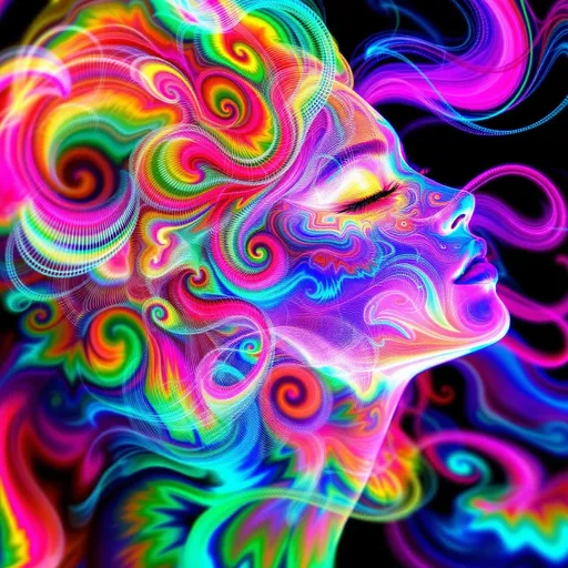 Prompt: She radiates joyful recursion—her face aglow with Newton fractal basin webs, each iridescent patch a rainbow logic map flickering with emotion. Cheekbones prism into crystal lattices—thought-nodes sparkle like math gems, pulsing with cognitive harmony. Every blink sends spectral ripples across skin; laughter folds into light. Her hair—a wild, living storm of long pink curls—burns in fractal flame trails, each strand trailing neon fire that morphs in chaotic colorbursts. The curls twist in self-affine defiance, scaling and warping across invisible axes—no symmetry, just vibrant mathplay. Her whole head is an attractor bloom: color feedback, glitch flickers, and dreamcode shimmer. Holographic math sigils orbit her like joyful satellites, reacting to her giggle-fields. She is a lightfield girl, glitch-goddess of fractal joy and radiant chaos.”
—
 Visual Keywords:
Rainbow Newton fractals, crystal lattice cheekbones, pink fractal flame curls, self-affine chaos hair, math sigils, joyful glitch aura, neon colorburst, recursive laughter light, holographic emotion field
