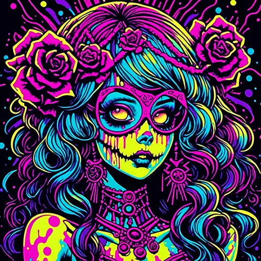 Prompt: <mymodel>70s black light poster, retro punk zombie babe, vibrant oooze, psychedelic, high quality, vector illustration, retro, punk, zombie, vibrant colors, neon lighting, oozing details, vintage, psychedelic art, retro fashion, glow effects, detailed hair, mesmerizing eyes