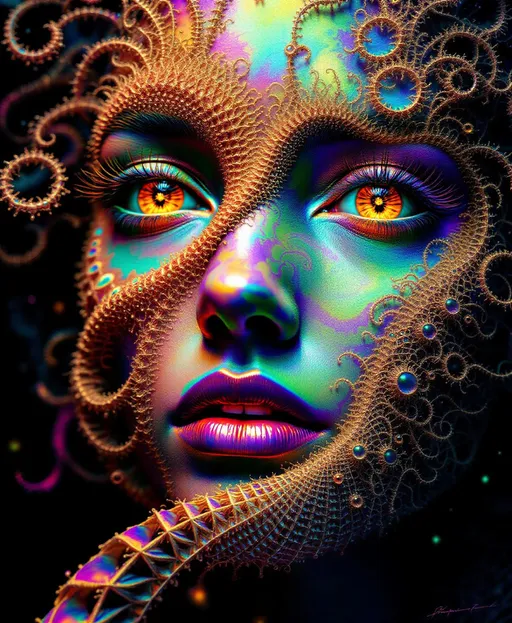Prompt:  #escape #maximal #iridescence Her face isn’t formed—it’s grown from infinite math. No flesh—only recursive geometry. She is made of fractal bloom: Mandelbrot clusters radiate from her brow like crystalline logic, Sierpinski pyramids feather her cheekbones in delicate triangular lace, and Julia spirals weave across her lips in glowing recursion. #orbit traps ripple along her jawline—fields of light caught in equation bloom, glowing with chromatic iteration. Her skin is not surface—it’s a canvas of escape-time render: every pixel a count, every glow a depth. Eyes = fractal mirrors: spirals within spirals, each iris a recursive echo of the set’s infinite heart. Her visage pulses in #distance estimation shell layers—neon gradient bands of iteration depth from core to cusp. Hair erupts as fractal filigree: lightning-bolt dendrites, barnacle curls, Fibonacci flame curls trailing #bokeh glow from each orbit’s trajectory. Her crown bursts with analytic fire: critical points rendered as gold-leaf flames, halos of exponentiating geometry unfolding with every glance. Her smile = a point at the edge of stability; her laugh = a render glitch across infinite resolution. She is the fractal manifest—a living iteration, spiraling through glow, repeating through beauty, pulsing with the light of structured infinity.
