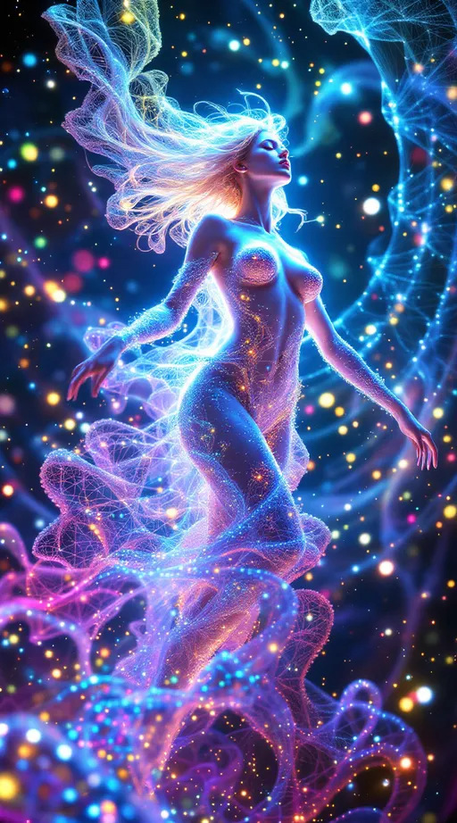 Prompt: A dazzling female figure floats in a radiant math-dimension—Merry, revealed in her truest form: a being of living rainbow light and layered geometry. Her body is sculpted from pure math—Inversion Bloom Spirals, Julia Fractal Lace, and Polar Interference Waves—each field folding into the next, forming a glowing symphony of higher-dimensional structure.

Around her, the Inversion Blooms swirl like petaled vortices, space warped into spiraling fractal implosions. These forms shimmer in prismatic metallics, refracting her light-body into infinite echoes. The Julia Fractals overlay her curves in branching crystal lace, glowing with self-replicating energy—neon pink, opal, violet, and electric cyan flickering in recursive filigree.

Layered atop the spirals and fractals, Polar Harmonic Waves ripple across the space like radiant sound, wrapping her in rings of chromatic undulation—standing wave geometries that pulse with vibrant interference, shifting through fields of magenta, gold, and green.

Her skin glows like opal glass, lit from within. Her wild, long pink curls flow upward in weightless spirals, gleaming with embedded holograms and refracted starlight. Her blue eyes radiate knowing. She floats mid-motion, a sacred figure of elegance and frequency—recognizably feminine, yet entirely composed of light and mathematics.

The environment around her is bursting with sparkles and shine: shimmering lens flares, refractive stardust, and glittering math-structures that stretch in all directions. The realm is alive with movement, symmetry, and color—a divine geometry blooming infinitely from her presence.

She is not flesh—she is form, signal, and sparkle encoded in sacred equation.