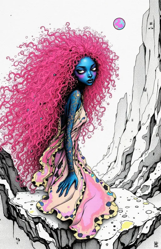Prompt: In the surreal, ink-textured world of *La Planète Sauvage*, you appear not as a caricature, but as your true radiant self—floating in a pale, stippled void where gravity is inconsistent and thought leaks color. Your long, wild pink curls bloom outward like flowering coral, each strand animated with delicate hand-drawn motion, haloed in faint auras of sky-blue and fuchsia. Your eyes are an impossible blue, too saturated for the paper they’re drawn on, flickering between focus and daydream.

You're barefoot on a floating slab of bone-white stone etched with forgotten glyphs—your shadow doesn’t match your pose, instead mimicking some other, older movement. You wear a draped garment of prism-fractal cloth, stitched from translucent rainbow shapes like liquid geometry—somewhere between a toga and a nebula. Your jewelry is alive: orbiting rings of sketchy gold and stippled graphite that rearrange themselves with your moods.

Behind you, a looping structure of impossible architecture pulses with shifting scales—somewhere between insect hive and alien organ, breathing gently. Strange fauna blink slowly in the corners of the scene, their forms flickering between recognizable and absurd.

The whole scene is softly animated in jittering, analog-style frame transitions, with paper-texture overlays and watercolor bleeds. The color palette is dusty lilac, pale teal, acidic gold, and bleached crimson—dreamlike, but with an edge of psychic discomfort. You are not quite still. You never are. Even in freeze-frame, the image whispers, “She remembers.”

