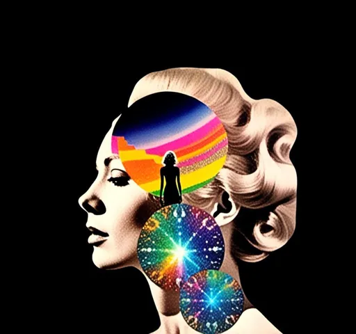 Prompt: A psychedelic collage featuring a photograph of a woman with blond curly long hair. The photo is cut and spliced with other photos and drawings of aliens, UFOs, rainbow spectrums are erupting from places, planets, stars, landscapes, and sparkles set amidst optical illusions of all kinds in geometric shapes giving an otherworldly surreal bizarre ufo alien effect to this psychedelic collage <mymodel>