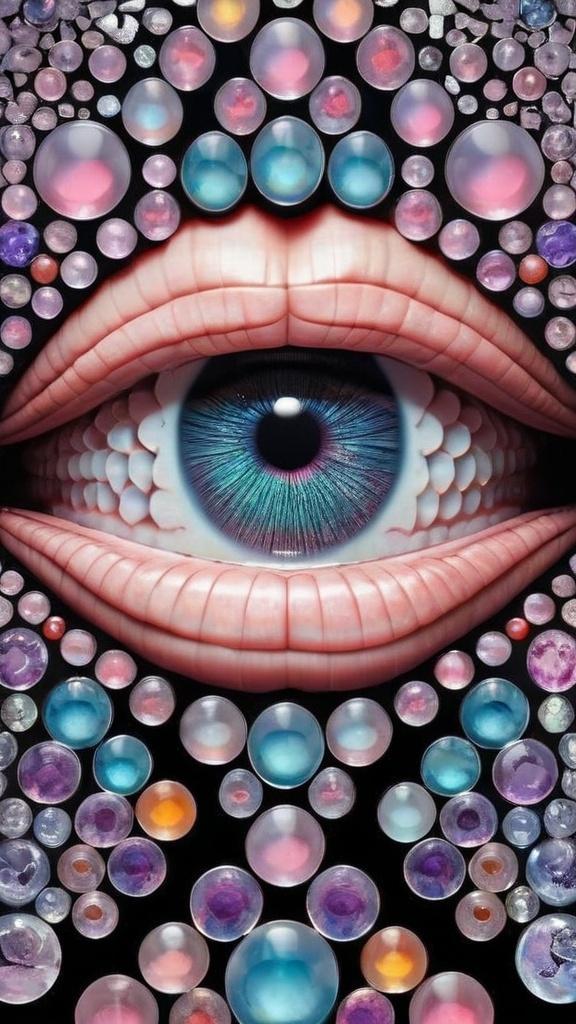 Prompt: Create an extremely hyper-realistic, ultra super textural, weird, trippy, surreal, psychedelic eyes/teeth/mouth pattern/design based on Mandelbrot & “Op Art tiling” with lots of human eyes (crazy colorful compound psychedelic), rows of human teeth, human lips, and tongues. 

- **Colors**: determined by the properties and expressions of the elements (& their isotopes), minerals, and metals: opal, moonstone, amethyst, rose quartz, Platinum (Pt)

**Shapes and forms**
- Mandelbrot 
- "Op Art tiling" 
-other shapes determined by the natural properties and expressions of the elements (& their isotopes), minerals, metals, and biological organisms: opal, moonstone, amethyst, rose quartz,  Platinum (Pt)


- **Textures**: Derived from any/all elements (& their isotopes), minerals, metals, crystals, organic things mentioned in this prompt: opal, moonstone, amethyst, rose quartz, Platinum (Pt)

**Composition and Layout**:
- a pattern/design based on the Op Art tiling & Mandelbrot 

**Lighting**:
- lots of bright light
- Phosphorescence

**Detail and Atmosphere**:
- Extreme hyperrealistic sharp high detail high definition organic and mineral textures
- Psychedelic, weird, odd, surreal atmosphere
- Frozen in time

**Additional Elements**:
- extra rows of teeth, lips, many eyes, Op Art tiling, Mandelbrot 
