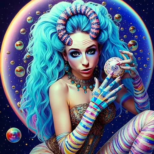 Prompt: A super hyperrealistic yet also illustrative and creative female cosmic jester, made entirely of swirling pure colored light, with long wild curly hair that appears blond but dazzles as a spectrum of hues, floats effortlessly in the heart of a kaleidoscopic nebula. Adorned in avant-garde "astral" jester's attire, her ensemble is a masterpiece of ever-shifting patterns, her definitive jester’s hat extending into infinite fractal shapes that seem to defy the laws of space. Her intricate clown makeup glows with phosphorescent neon greens, electric pinks, and ultraviolet blues, accentuating her mischievous, otherworldly charm. Around her, the stars pulse like strobes in a cosmic dance party, and she juggles shimmering orbs of liquid starlight that burst into tiny galaxies upon contact, each orb reflecting infinite multiversal possibilities. The space surrounding her vibrates with celestial harmonics, a symphony of astral wonder, while an aurora of quantum particles weaves itself into a living tapestry of harlequin diamond fractals, tiling and morphing endlessly. She sparkles and dazzles as her laughter chimes like crystalline bells, embodying the essence of cosmic whimsy and wonder, a living Möbius strip of light and joy in an infinite astral playground.