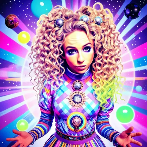 Prompt: A super hyperrealistic yet also illustrative and creative female cosmic jester, made entirely of swirling pure colored light, with long wild curly hair that appears blond but dazzles as a spectrum of hues, floats effortlessly in the heart of a kaleidoscopic nebula. Adorned in avant-garde "astral" jester's attire, her ensemble is a masterpiece of ever-shifting patterns, her definitive jester’s hat extending into infinite fractal shapes that seem to defy the laws of space. Her intricate clown makeup glows with phosphorescent neon greens, electric pinks, and ultraviolet blues, accentuating her mischievous, otherworldly charm. Around her, the stars pulse like strobes in a cosmic dance party, and she juggles shimmering orbs of liquid starlight that burst into tiny galaxies upon contact, each orb reflecting infinite multiversal possibilities. The space surrounding her vibrates with celestial harmonics, a symphony of astral wonder, while an aurora of quantum particles weaves itself into a living tapestry of harlequin diamond fractals, tiling and morphing endlessly. She sparkles and dazzles as her laughter chimes like crystalline bells, embodying the essence of cosmic whimsy and wonder, a living Möbius strip of light and joy in an infinite astral playground.