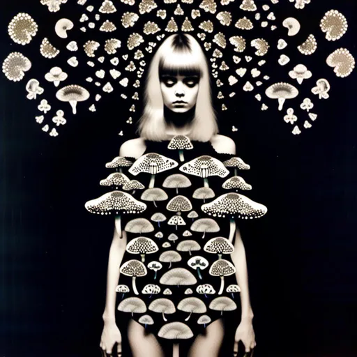 Prompt: a mixed media collage of a girl wearing or growing mushrooms/fungus as clothing body parts and accessories. She is a black and white or halftone photograph, the mushrooms and fungal growths are to be mixed media, including but not limited to paint, enamel, foils, glitter, sparkle, sequins, found objects, natural items, rhinestones etc <mymodel>