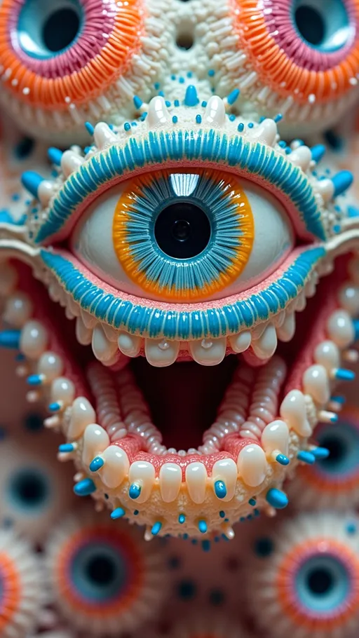 Prompt: an extremely hyper realistic ultra super textural weird trippy surreal psychedelic entity, white, translucent, clear, bright bright pastel colors, oil slick rainbow sheen effect, lots and lots of light, lots of crazy colorful compound psychedelic human eyes, rows of human teeth, fungus, atoms, diatoms,