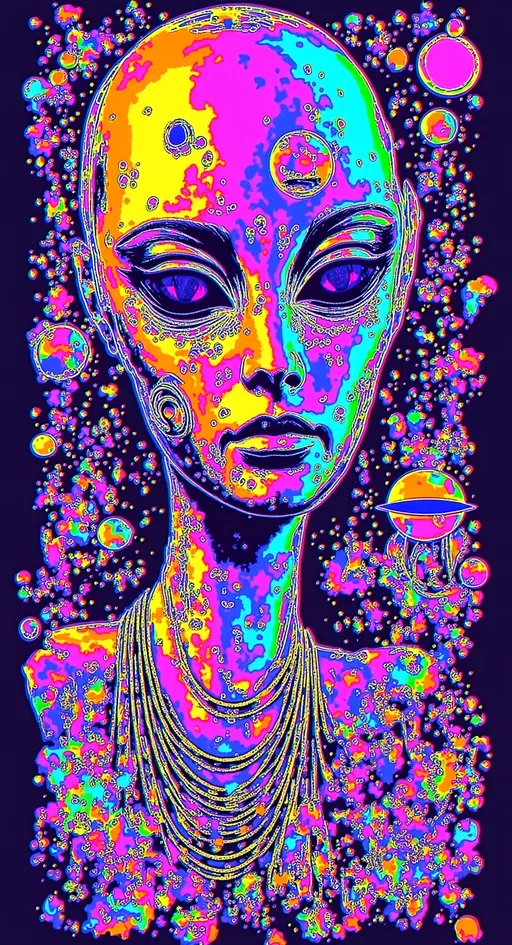 Prompt: Text - STARSEED - in a cursive hand drawn decorative art nouveau organic script style- Design 3 color a pop art nouveau t-shirt featuring a Lisa Frank-inspired 80s glam futuristic alien woman, limited to four vibrant colors. The central figure should be an alien woman with a classic 'gray' alien appearance—big pointed head and large almond-shaped solid colored dark shining eyes—styled with glamorous 80s fashion elements. Use bright, bold colors typical of Lisa Frank, incorporating metallic and neon hues to emphasize the futuristic theme. Surround her with whimsical elements like stars, planets, galaxies, and UFOs, all infused with a pop art nouveau flair. Add details such as sparkling jewelry, bold makeup, and flowing hair, reminiscent of 80s glam. The design should be eye-catching and energetic, blending the playful essence of Lisa Frank with the elegance of art nouveau, perfect for a standout t-shirt.