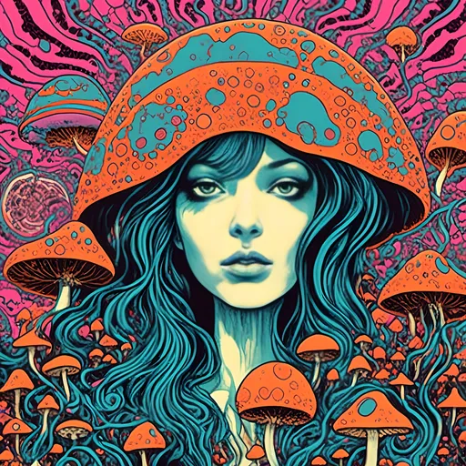 Prompt: <mymodel>Psychedelic poster art of a girl, vibrant colors, trippy visuals, surreal mushrooms, high-quality, detailed illustration, psychedelic, poster art, vibrant colors, surreal, girl, mushrooms, trippy visuals, detailed, professional, surrealistic lighting