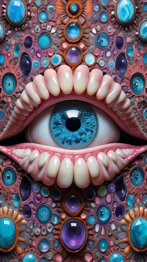 Prompt: Create an extremely hyper-realistic, ultra super textural, weird, trippy, surreal, psychedelic eyes/teeth/mouth pattern/design based on Mandelbrot & “Op Art tiling” with lots of human eyes (crazy colorful compound psychedelic), rows of human teeth, human lips, and tongues. 

- **Colors**: determined by the properties and expressions of the elements (& their isotopes), minerals, and metals: opal, moonstone, amethyst, rose quartz, Platinum (Pt)

**Shapes and forms**
- Mandelbrot 
- "Op Art tiling" 
-other shapes determined by the natural properties and expressions of the elements (& their isotopes), minerals, metals, and biological organisms: opal, moonstone, amethyst, rose quartz,  Platinum (Pt)


- **Textures**: Derived from any/all elements (& their isotopes), minerals, metals, crystals, organic things mentioned in this prompt: opal, moonstone, amethyst, rose quartz, Platinum (Pt)

**Composition and Layout**:
- a pattern/design based on the Op Art tiling & Mandelbrot 

**Lighting**:
- lots of bright light
- Iridescence

**Detail and Atmosphere**:
- Extreme hyperrealistic sharp high detail high definition organic and mineral textures
- Psychedelic, weird, odd, surreal atmosphere
- Frozen in time

**Additional Elements**:
- extra rows of teeth, lips, many eyes, Op Art tiling, Mandelbrot, Iridescence
