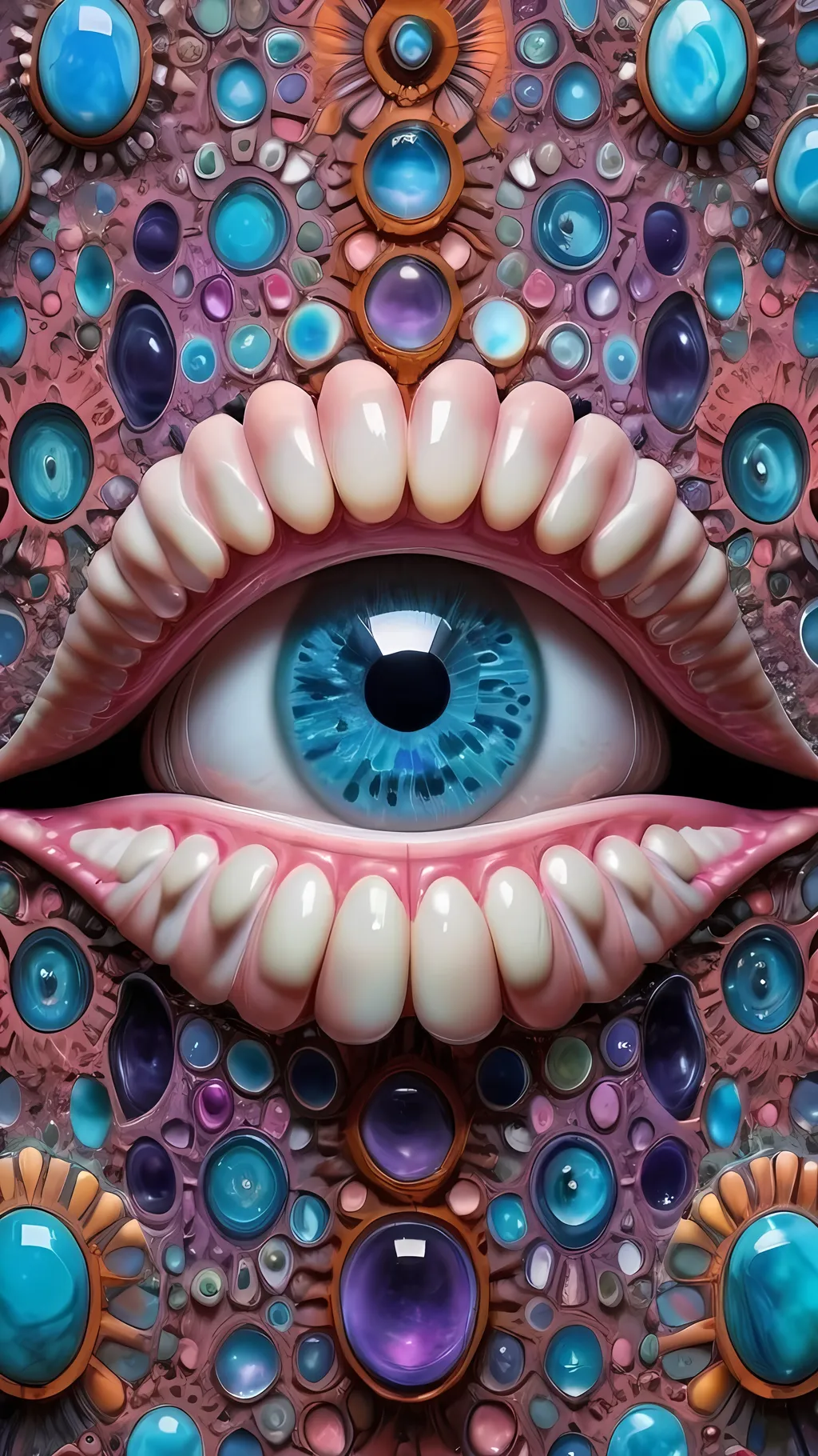 Prompt: Create an extremely hyper-realistic, ultra super textural, weird, trippy, surreal, psychedelic eyes/teeth/mouth pattern/design based on Mandelbrot & “Op Art tiling” with lots of human eyes (crazy colorful compound psychedelic), rows of human teeth, human lips, and tongues. 

- **Colors**: determined by the properties and expressions of the elements (& their isotopes), minerals, and metals: opal, moonstone, amethyst, rose quartz, Platinum (Pt)

**Shapes and forms**
- Mandelbrot 
- "Op Art tiling" 
-other shapes determined by the natural properties and expressions of the elements (& their isotopes), minerals, metals, and biological organisms: opal, moonstone, amethyst, rose quartz,  Platinum (Pt)


- **Textures**: Derived from any/all elements (& their isotopes), minerals, metals, crystals, organic things mentioned in this prompt: opal, moonstone, amethyst, rose quartz, Platinum (Pt)

**Composition and Layout**:
- a pattern/design based on the Op Art tiling & Mandelbrot 

**Lighting**:
- lots of bright light
- Iridescence

**Detail and Atmosphere**:
- Extreme hyperrealistic sharp high detail high definition organic and mineral textures
- Psychedelic, weird, odd, surreal atmosphere
- Frozen in time

**Additional Elements**:
- extra rows of teeth, lips, many eyes, Op Art tiling, Mandelbrot, Iridescence
