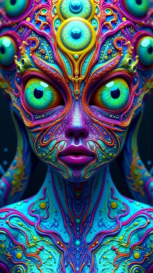 Prompt: An extremely super hyper detailed hyperrealistic weird surreal trippy psychedelic entity manifests, adorned with a multitude of psychedelic compound human eyes, arranged meticulously in a Fibonacci Spiral tiling pattern. These eyes, vibrant and entrancing, create a mesmerizing visual symphony. Rows upon rows of psychedelic teeth form a fractal-like pattern akin to the Mandelbrot Set, spiraling endlessly.

The entity's skin is a shimmering tapestry of iridescent Ammolite, displaying a spectrum of colors that shift with every movement. Interspersed are cubic Fluorite crystals in pale yellow, contrasting vividly with the backdrop. Swirling through its form are veins of Charoite, vivid purple strands weaving cosmic energy throughout its being.

On a microscopic level, Quantum Foam bubbles and fluctuates, giving the entity an ethereal, ever-changing appearance. Vibrating Quantum Strings hint at the fundamental nature of its existence, while Quantum Entanglement weaves an invisible web, linking its myriad parts in a dance of interconnectedness.

The background is a surreal landscape inspired by the Voronoi Tiling pattern, resembling an infinite cellular structure. The ground is a mosaic of royal blue Sodalite, with veins of white calcite creating a natural yet otherworldly pattern. Above, a sky of swirling Quantum Wave Functions paints a picture of potential realities, each wave a probability, each crest a possibility.

This entity embodies the fusion of mathematical precision and quantum chaos, a creation born from the abstract merging of natural, microscopic elements, minerals, and quantum phenomena, existing in a realm where reality and imagination blur into one.