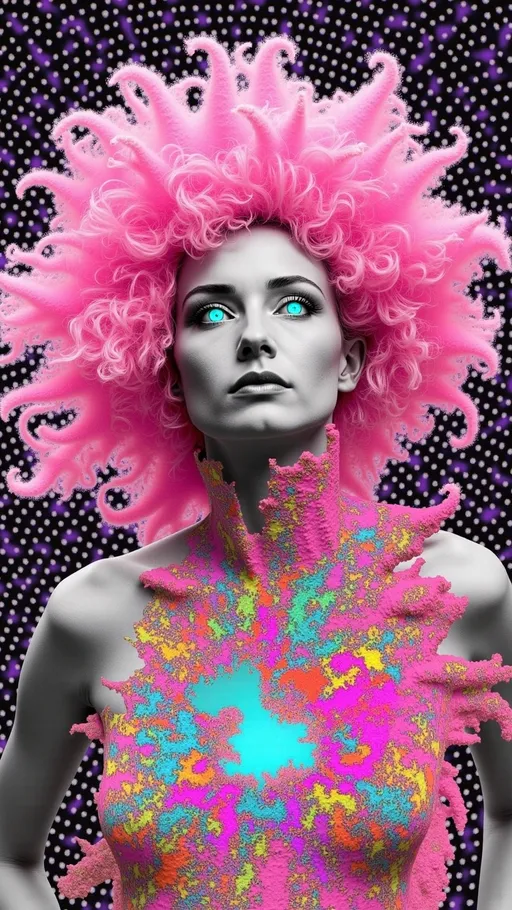 Prompt: A surreal, hyperrealistic portrait of a fractal woman, her form composed of Mandelbrot sets, Julia sets, and Sierpiński triangles, blending seamlessly into glowing Koch snowflakes and tree-like recursive structures. Her long, wild, curly pink hair flows outward in fractalized tendrils, glowing with pastel neon hues, merging with the infinite fractal patterns of the background. Her piercing blue eyes shine with an inner light, grounding the viewer amidst the swirling chaos.  

The scene is illuminated by soft, radiant lighting that highlights the crystalline, liquid-glass textures of her fractal body, refracting light into iridescent rainbows. The background is a cosmic expanse of glowing pastel gradients and infinite reflections. The style blends hyperrealism with fractal art, inspired by Alex Grey and Android Jones, featuring sharp, intricate details and a luminous, divine atmosphere. The color palette is vivid pastels with glowing whites, creating a dreamlike, psychedelic aesthetic full of infinite depth and beauty.