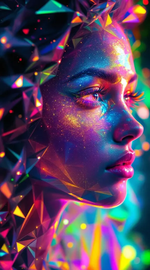 Prompt: She radiates like a prism dreaming—sharp sacred angles softened by surreal number gradients, each facial plane a shimmer between infinities. Her icosahedral cheekbones glow not just in crystal cut, but in color melt—each facet drifting through emotional huefields born from neurofractal empathy. When she feels joy, it blooms outward in recursive shimmer. When she loves, pigment flows in reaction-diffusion blushes across her skin, glowing like watercolor plasma.

Hair sparkles in rainbow Penrose curls, sharp in shape but fluid in light—braided geometry softened by fractal dimension glow, a halo of infinite edge detail. Around her, symbols align in glowing coincidence—when she moves, the world makes sense for a moment. Eyes reflect layered numbers that don’t exist in this world—surreal logic pulsing through lashes made of glitter equations. Even her silence has color.”

⸻

✨ Final Visual Keywords (Diffused Angular Edition):
Surreal number shimmer, recursive color bloom, pigment logic ripples, sacred crystal soft-fire, Penrose rainbow halo, empathy glowfield, dream-angle cheeks, infinite-scale sparkles, symbolic echo trail, colorbreath skin