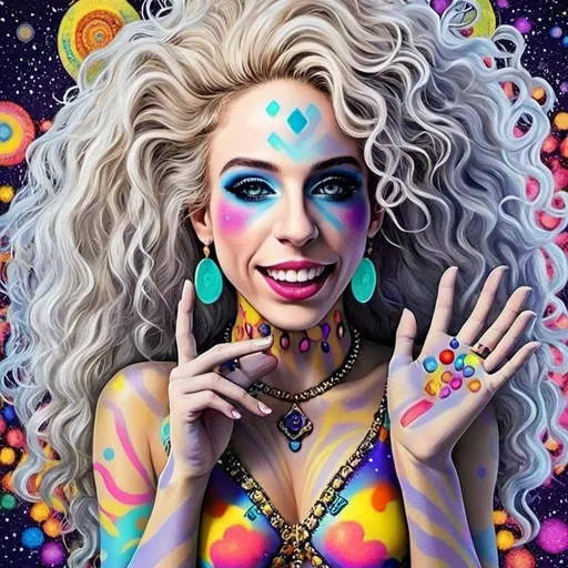 Prompt: A super hyperrealistic yet also illustrative and creative female cosmic jester, made entirely of swirling pure colored light, with long wild curly hair that appears blond but is a dazzling spectrum of hues. She is adorned in beautiful avant-garde "astral" jester's attire, complete with intricate harlequin clown makeup and a HUGELY OVERSTATED jester's hat that twists and bends into impossible, otherworldly shapes. Her hat sparkles with iridescent gems and glowing cosmic patterns, radiating a surreal, trippy energy. Her ensemble includes exquisite, shimmering accoutrements like glowing ribbons of stardust, cascading light veils, and crystalline bells that chime with the sound of distant galaxies. She sparkles, shines, and dazzles in a mesmerizing swirl of ever-changing colors, embodying the essence of cosmic whimsy and wonder. She stands on a floating, kaleidoscopic fractal platform that endlessly morphs and twists through the void of the astral realms. Behind her, a shimmering nebula of liquid rainbow light swirls and pulses, while shimmering comets streak across the scene. The cosmic jester juggles glowing orbs of quantum energy, each orb containing miniature universes that spin and glimmer with infinite possibilities. Her laughter echoes like a symphony of stars, and her every movement leaves trails of dazzling light that ripple like water across the fabric of space-time. The entire scene is awash with iridescent fractal spirals, the platform morphing with Mandelbrot set fractals, while liquid rainbow nebulae and glowing stardust create an atmosphere of pure astral magic.