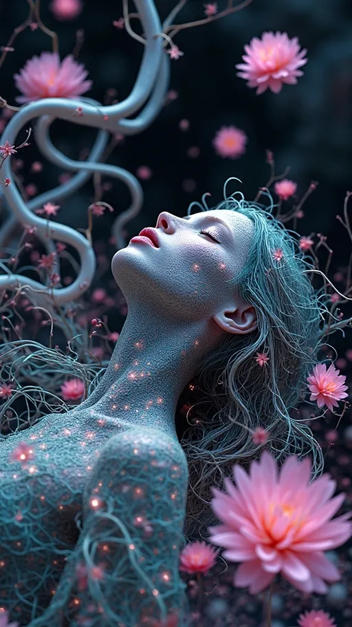 Prompt: A tangled goddess of rupture and causality, suspended in a prediction-space dream. Her form weaves through glowing UMAP clusters—flickering nodes of potential, wrapped in filaments of outcome logic. From her core, variance fractures bloom: twisted neural lace laced with prediction scars, each synaptic curve etched with KL divergence. Limbs unfurl as broken vectors—half-symbol, half-flesh—reaching into future-horizons and collapsing outcomes into prismatic wounds. Around her, the air glows with dimensional ambiguity: every step orthogonal, every path equidistant yet trembling. She is a high-dimensional oracle—face split into mirrored forecasts, breath made of tangled proximity, eyes glinting with soft gradients overlaid on caustic bursts. In the field behind, abstraction ripples: tessellated shards of forgotten metrics, variance vortexes dissolving into fractal hush. The atmosphere vibrates with collapse logic, every motion echoing the Curse of Dimensionality. Light does not travel here—it fractures, it remembers, it warns. She is the embodiment of entangled destiny, a visual hymn to uncertain becoming.