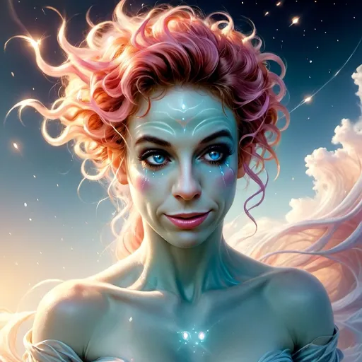 Prompt: An ethereal vision of an air genasi, portrayed as a slim, caucasian woman with long, wild, pink, very curly hair that seems to defy gravity, floating around her like tendrils of mist caught in a breeze. Her piercing blue eyes shimmer with an electric glow, as if charged by the very air around her. Her skin is pale with faint, swirling patterns of translucent silver and white, resembling wind currents etched into her form. She stands atop a platform of swirling clouds, her feet barely touching the surface as though she might float away at any moment.

Her attire is light and flowing, composed of diaphanous fabrics in shades of sky blue, silver, and soft lavender, rippling as though moved by an unseen wind. Tiny, glowing crystals are embedded in her clothing, refracting light into faint rainbows that dance across the scene. Around her, faint wisps of air swirl and spiral, forming delicate, ephemeral shapes—sometimes birds, sometimes abstract patterns—before dissipating.

The background is a vast, open sky, blending gradients of soft pastel blues, whites, and hints of peach, as though caught in the golden hour of dawn. Wispy clouds stretch and curl across the horizon, their edges glowing with sunlight. In the distance, floating islands drift lazily, connected by shimmering, translucent bridges of light. The air itself sparkles faintly, as though charged with magic and life.

The style is a retro-futuristic psychedelic collage with an analog finish, evoking the dreamy, surreal aesthetics of Roger Dean and the vibrant, cosmic energy of Alex Grey. The color palette is soft yet luminous, dominated by sky blues, silvers, and pastel pinks, with golden highlights. Outlines are soft and airy, blending seamlessly into the scene, while the lighting is radiant and diffused, casting a magical glow over the entire composition. The mood is serene, uplifting, and otherworldly, capturing the boundless freedom and elemental grace of the air genasi.