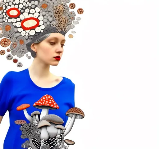 Prompt: a mixed media collage of a girl wearing or growing mushrooms/fungus as clothing body parts and accessories. She is a black and white or halftone photograph, the mushrooms and fungal growths are to be mixed media, including but not limited to paint, enamel, foils, glitter, sparkle, sequins, found objects, natural items, rhinestones etc <mymodel>