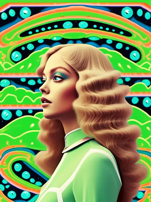 Prompt: A trippy vintage 70s psychedelic sci-fi analog cut and paste collage of a girl with long blond curly hair and UFOs, aliens, extraterrestrial little green men, alien grey, optical illusions/psychedelic patterns/alien A trippy vintage 70s psychedelic sci-fi analog cut and paste collage of a girl with long blond curly hair and UFOs, aliens, extraterrestrial little green men, alien grey, optical illusions/psychedelic patterns/alien <mymodel>psychedelic landscapes,space scenes, asteroids, ufo, greet, orange, hot pink, black, white