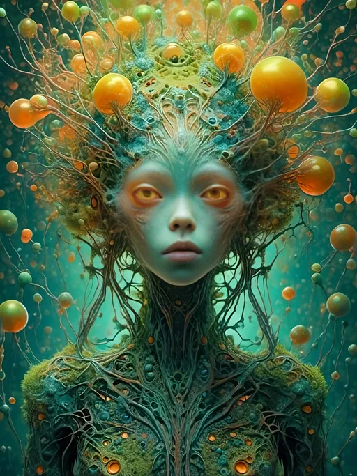 Prompt: <mymodel>an extremely hyper realistic super textural psychedelic entity/creature, trippy, weird, surreal, fractals, multidimensional geometric shapes, eyes, human teeth, lots of light, bright pastel colors, luminous, glowing, extremely textural, yellow, greens, oranges, silver, copper