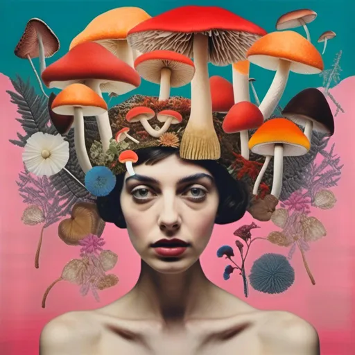 Prompt: <mymodel>Mixed media collage of a beautiful woman, mushroom headpiece, surreal atmosphere, vibrant colors, high quality, mixed media collage, surreal, vibrant colors, detailed facial features, ethereal lighting