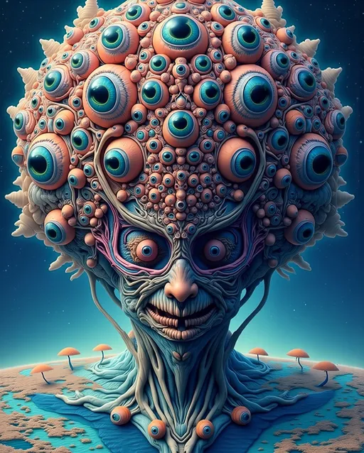 Prompt: An extremely super hyper detailed hyperrealistic weird surreal trippy psychedelic entity manifests, adorned with a multitude of psychedelic compound human eyes, arranged meticulously in a Fibonacci Spiral tiling pattern. These eyes, vibrant and entrancing, create a mesmerizing visual symphony. Rows upon rows of psychedelic teeth form a fractal-like pattern akin to the Mandelbrot Set, spiraling endlessly.

The entity's skin is a shimmering tapestry of iridescent Ammolite, displaying a spectrum of colors that shift with every movement. Interspersed are cubic Fluorite crystals in pale yellow, contrasting vividly with the backdrop. Swirling through its form are veins of Charoite, vivid purple strands weaving cosmic energy throughout its being.

On a microscopic level, Quantum Foam bubbles and fluctuates, giving the entity an ethereal, ever-changing appearance. Vibrating Quantum Strings hint at the fundamental nature of its existence, while Quantum Entanglement weaves an invisible web, linking its myriad parts in a dance of interconnectedness.

The background is a surreal landscape inspired by the Voronoi Tiling pattern, resembling an infinite cellular structure. The ground is a mosaic of royal blue Sodalite, with veins of white calcite creating a natural yet otherworldly pattern. Above, a sky of swirling Quantum Wave Functions paints a picture of potential realities, each wave a probability, each crest a possibility.

This entity embodies the fusion of mathematical precision and quantum chaos, a creation born from the abstract merging of natural, microscopic elements, minerals, and quantum phenomena, existing in a realm where reality and imagination blur into one.