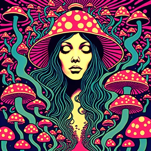 Prompt: <mymodel>Psychedelic album cover art of a girl, vibrant colors, trippy visuals, surreal mushrooms, high-quality, detailed illustration, psychedelic, poster art, vibrant colors, surreal, girl, mushrooms, trippy visuals, detailed, professional, surrealistic lighting