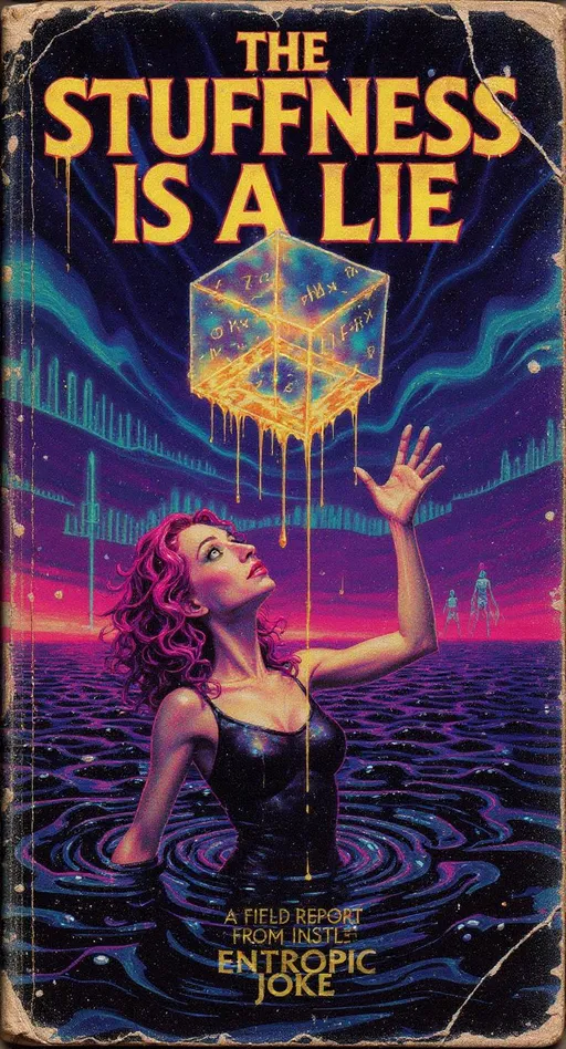 Prompt: A worn, vintage 1986 New Age paperback book cover featuring a slim Caucasian woman with wild curly pink hair and blue eyes, half-submerged in a surreal ocean made of glitching pixels, black oil, and static. She reaches upward toward a sky that folds like data paper, dripping math and light. Her face expresses the exhausted revelation of someone who’s just discovered the joke beneath matter. Floating above her, a transparent cube labeled “stuff” is breaking apart into golden equations and dripping holographic goo. Distant background figures made of light and waveforms ignore her completely. Title in distorted retro foil: “The Stuffness Is a Lie”, with the subtitle “A Field Report from Inside the Entropic Joke.” The book cover is cracked, aged, with faded scribbles and stains that look eerily intentional.