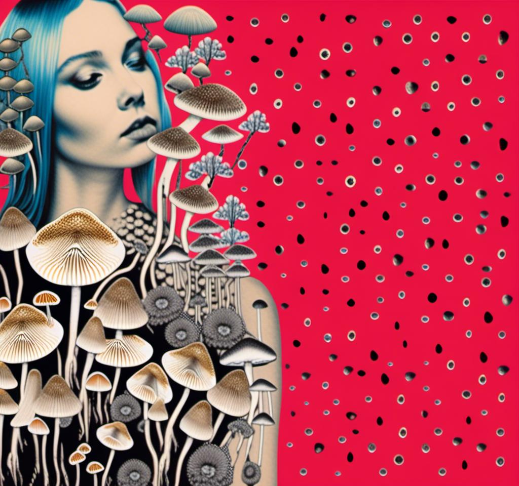 Prompt: a mixed media collage of a girl wearing or growing mushrooms/fungus as clothing body parts and accessories. She is a black and white or halftone photograph, the mushrooms and fungal growths are to be mixed media, including but not limited to paint, enamel, foils, glitter, sparkle, sequins, found objects, natural items, rhinestones etc <mymodel>