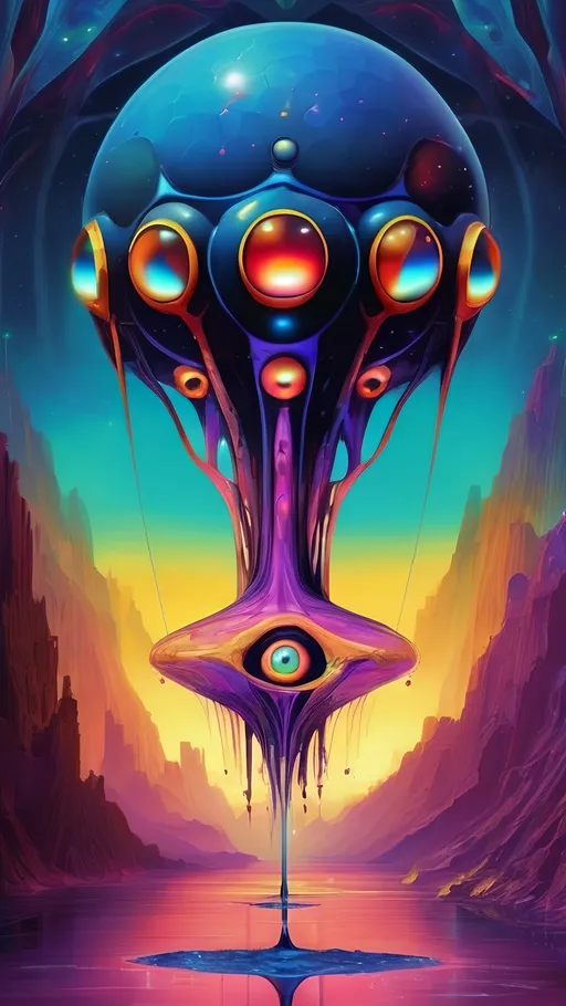 Prompt: Surreal psychedelic non-humanoid creature, beyond human comprehension, entity, trippy, crazy inhuman eyes, multidimensional, fractal, noneuclidien geometries geometric shapes tesseracts, melting, drips, hyper dimensional, drippy, aura, alien, extraterrestrial, extra dimensional,bizarre, ineffable, numinous, counsciousness, strange, unnerving but beautiful, biolocal, mechanical, blobs, atoms, particals, eyes