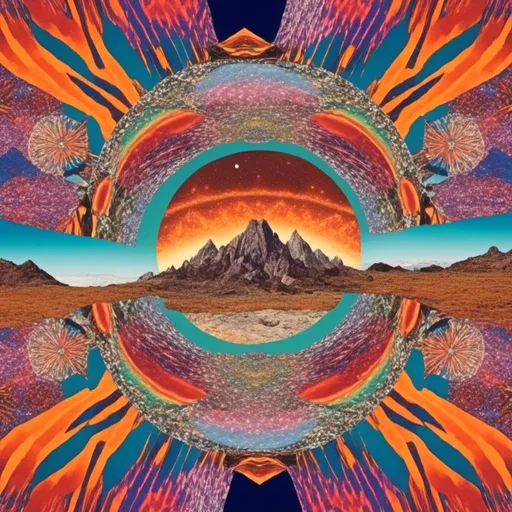 Prompt: <mymodel>surreal Psychedelic collage of spliced photographs, mushrooms, crystals, alien landscapes, desert landscapes, mountain landscapes, space, planets, orbs, psychedelic patterns, geometric shapes, optical illusions, highres, ultra-detailed, surreal, psychedelic, vibrant colors, cosmic, intricate details, surrealistic, dreamy lighting