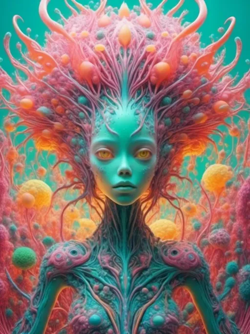 Prompt: <mymodel>an extremely hyper realistic super textural psychedelic entity/creature, trippy, weird, surreal, fractals, multidimensional geometric shapes, eyes, human teeth, lots of light, bright pastel colors, luminous, glowing, extremely textural, pinks, greens, oranges, yellows