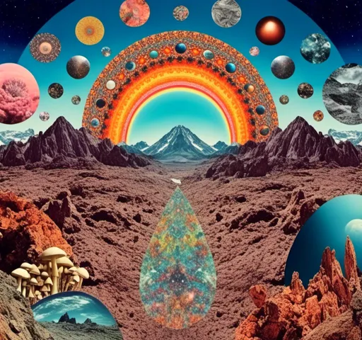 Prompt: <mymodel>surreal Psychedelic collage of spliced photographs, mushrooms, crystals, alien landscapes, desert landscapes, mountain landscapes, space, planets, orbs, psychedelic patterns, geometric shapes, optical illusions, highres, ultra-detailed, surreal, psychedelic, vibrant colors, cosmic, intricate details, surrealistic, dreamy lighting