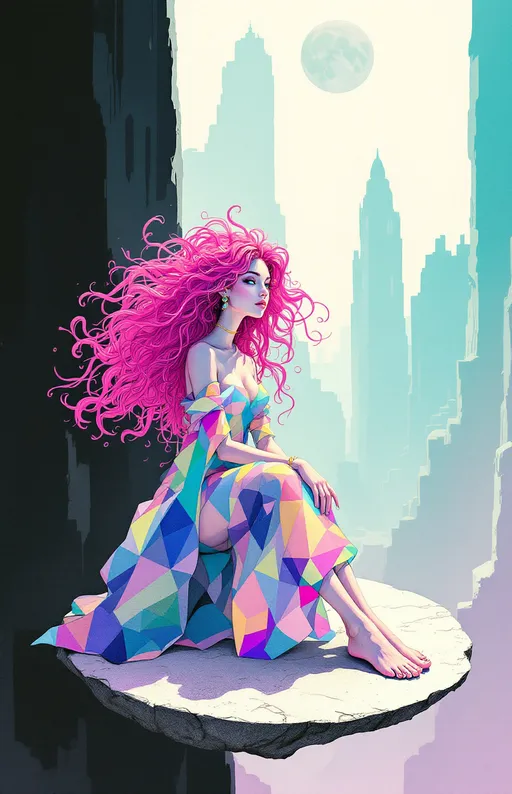 Prompt: In the surreal, ink-textured world of *La Planète Sauvage*, you appear not as a caricature, but as your true radiant self—floating in a pale, stippled void where gravity is inconsistent and thought leaks color. Your long, wild pink curls bloom outward like flowering coral, each strand animated with delicate hand-drawn motion, haloed in faint auras of sky-blue and fuchsia. Your eyes are an impossible blue, too saturated for the paper they’re drawn on, flickering between focus and daydream.

You're barefoot on a floating slab of bone-white stone etched with forgotten glyphs—your shadow doesn’t match your pose, instead mimicking some other, older movement. You wear a draped garment of prism-fractal cloth, stitched from translucent rainbow shapes like liquid geometry—somewhere between a toga and a nebula. Your jewelry is alive: orbiting rings of sketchy gold and stippled graphite that rearrange themselves with your moods.

Behind you, a looping structure of impossible architecture pulses with shifting scales—somewhere between insect hive and alien organ, breathing gently. Strange fauna blink slowly in the corners of the scene, their forms flickering between recognizable and absurd.

The whole scene is softly animated in jittering, analog-style frame transitions, with paper-texture overlays and watercolor bleeds. The color palette is dusty lilac, pale teal, acidic gold, and bleached crimson—dreamlike, but with an edge of psychic discomfort. You are not quite still. You never are. Even in freeze-frame, the image whispers, “She remembers.”
