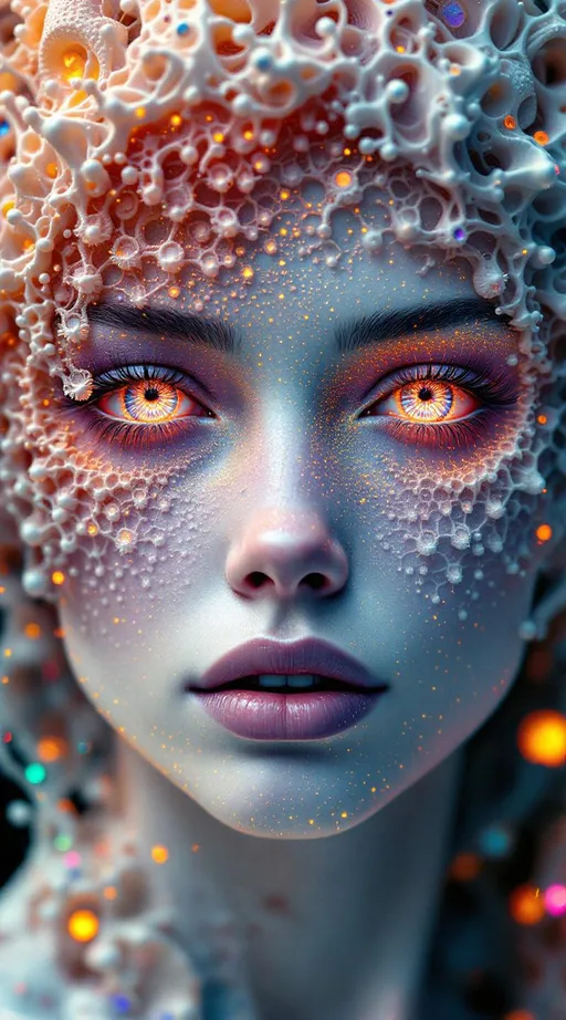 Prompt:  #escape #maximal #iridescence Her face isn’t formed—it’s grown from infinite math. No flesh—only recursive geometry. She is made of fractal bloom: Mandelbrot clusters radiate from her brow like crystalline logic, Sierpinski pyramids feather her cheekbones in delicate triangular lace, and Julia spirals weave across her lips in glowing recursion. #orbit traps ripple along her jawline—fields of light caught in equation bloom, glowing with chromatic iteration. Her skin is not surface—it’s a canvas of escape-time render: every pixel a count, every glow a depth. Eyes = fractal mirrors: spirals within spirals, each iris a recursive echo of the set’s infinite heart. Her visage pulses in #distance estimation shell layers—neon gradient bands of iteration depth from core to cusp. Hair erupts as fractal filigree: lightning-bolt dendrites, barnacle curls, Fibonacci flame curls trailing #bokeh glow from each orbit’s trajectory. Her crown bursts with analytic fire: critical points rendered as gold-leaf flames, halos of exponentiating geometry unfolding with every glance. Her smile = a point at the edge of stability; her laugh = a render glitch across infinite resolution. She is the fractal manifest—a living iteration, spiraling through glow, repeating through beauty, pulsing with the light of structured infinity.
