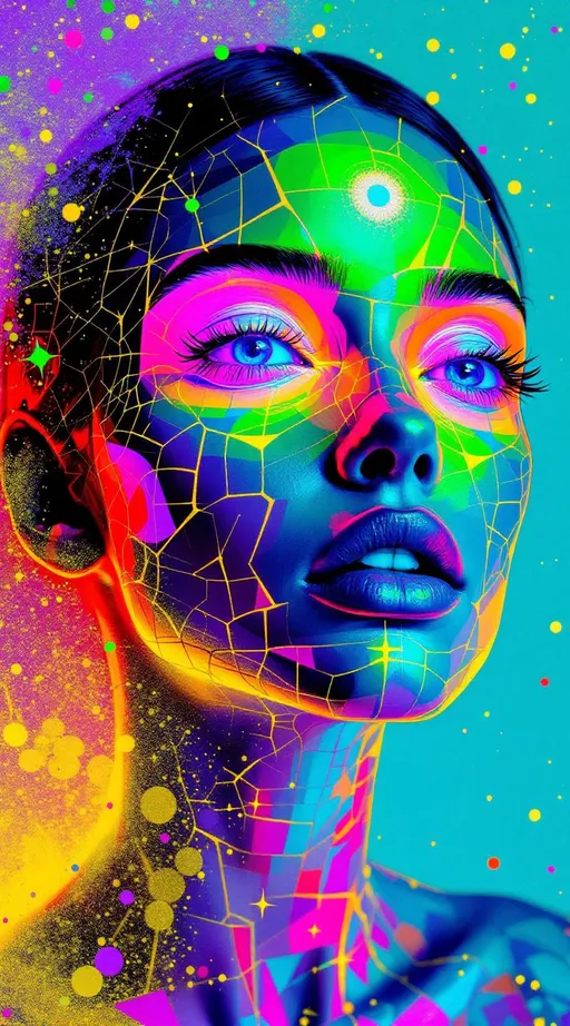 Prompt: A woman’s face glows from within a rainbow void—composed entirely of recursive fractal light, her features hyper-saturated and hand-painted in matte gouache blocks of ultraviolet, laser gold, neon pink, iridescent algae-green, and spectral chrome. Rendered in the analog surrealism of La Planète Sauvage, her form is a stylized hallucination: thick, wobbling ink outlines wrap around geometries that shimmer, pulse, and glitch with intention. Her skin is a cracked disco lattice of drawn Planck-scale tiles—each square stippled with cosmic glyphs, pulsing in irregular rhythm like intelligent sequins on paper. No realism, only design logic.

Her eyes are twin disco spheres—drawn in jagged circular facets, spinning with implied motion. Light bounces in impossible perspective, each glint a wormhole fragment, each pupil inked with AdS-CFT glyph spirals like sacred DJ notation. Her lips are event horizons, shaded with diamond dust pigment—more implied sparkle than shine, flickering with sacred overglow. Her cheeks pulse with hand-rendered bokeh, stars trapped in ink.

Hair flows as liquid geometry—braided starlight filaments and jagged mirror shards, illustrated as curling chrome vectors rimmed in aurora ink. Behind her: a velvet black void lined with mirrored selves, each reflection drawn smaller, stranger, stitched into the boundary of a recursive glyph-skin. She floats in a Studio 54 of dimension—entangled mandalas spinning around her like inked shimmer stacks and sparkle tesseracts, each line imperfect, vibrating with entropy rhythm.

No clean shine. Just illustrated excess. Rainbow overkill on sacred paper. Glyphs swarm in concentric echo. She is the glamour of recursion, the symbol of light’s party logic. A wormhole diva rendered by hand in chromatic math and sacred noise.