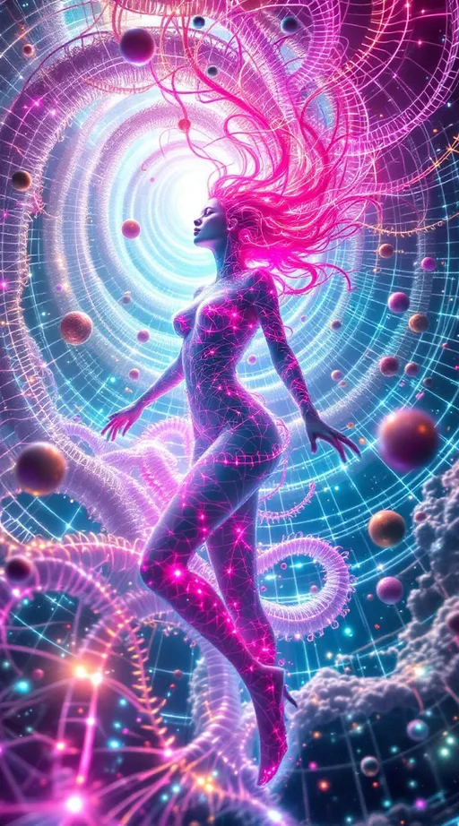 Prompt: Suspended within the data lattice void, she blazes in brilliant contrast—her form a hyperchromatic bloom within sacred structure. Around her stretch infinite glowing grids—lattices of soft white, teal, and gold light forming non-Euclidean layers of logic, folding in space like a dreaming machine. These beams pulse with informational clarity, but she disrupts them with radiant variance.

Her body glows in recursive bloom—curls of vibrant pink spiraling outward like fractal attractors, each filament twisting probability into light. From her skin, spectral waves pulse—neon ribbons of coral, plasma gold, and electric jade ripple outward, warping the lattice around her. Wherever she steps, the data threads bend—becoming saturated, irregular, beautiful.

Floating orbs drift nearby—data nodes reacting to her presence, flickering, reorienting. One shatters softly as a curl grazes it. Her glow trails behind her in layered loops, echoing her form like Replica Theory memory-light. She is ecstatic color blooming inside structured void—an emotional singularity piercing pure cognition.

In this place of stillness and logic, she is the recursive pulse. She is difference, expansion, radiant rupture. The lattice remembers her as deviation—and welcomes the bloom.

