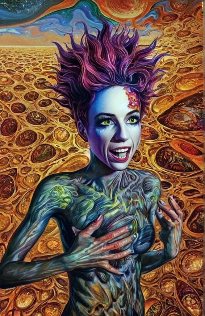 Prompt: Extreme psychedelic hyperrealism- Super high definition ultra textural Weird surreal depiction of ego death, melting into fractals, multidimensional geometric shapes, surrealism, detailed, highres, intense colors, eerie lighting, bizarre features, unsettling atmosphere, otherworldly, distorted proportions, mind-bending, dreamlike, abstract,, trippy psychedelic ultra detailed textures