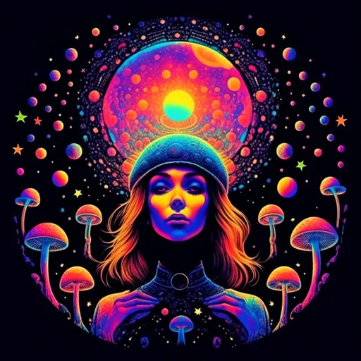 Prompt: <mymodel>Vintage 70s black light poster art illustration, girl hallucinating in space, psychedelic mushrooms, planets, moons, stars, fractals, vibrant colors, intense black light effects, detailed psychedelic girl, cosmic atmosphere, high quality, psychedelic, vintage, space, vibrant colors, fractal details, hallucination, girl illustration, retro art style, cosmic lighting