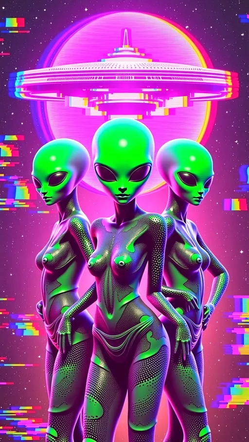 Prompt: **Space Hos - AI Art Prompt**

Create an artwork featuring the phrase "Space Hos" in a bold, sassy, girly futuristic tech font. The scene is populated by multiple striking green-skinned alien females, each exuding attitude and confidence. They are dressed in avant-garde high fashion with a futuristic edge, showcasing an array of intricate accessories that highlight their alien allure.

Each alien boasts a slightly conical-shaped bald head and large, almond-shaped black eyes, adding to their enigmatic charm. They pose with sass and poise, making a statement in the cosmic landscape.

Incorporate a vibrant UFO in the background, teeming with colorful lights that illuminate the scene. The setting is a bustling outer space landscape, complete with an alien planet, swirling asteroids, and cosmic phenomena. Alien glyphs are seamlessly integrated into the design, adding a mysterious layer.

The entire composition is busy and detailed, with every inch filled with tiny elements that captivate the viewer's attention. From the smallest star to the grandest asteroid, the scene is a masterpiece of cosmic chaos and extraterrestrial elegance.