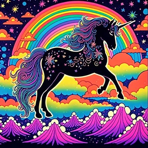 Prompt: <mymodel>Vintage 70s black light poster art illustration of a sparkly unicorn, fluffy white clouds with rainbows, psychedelic colors, retro art style, vibrant neon tones, glowing black light effect, detailed mane and tail, dreamy atmosphere, high quality, retro, psychedelic, vibrant colors, detailed illustration, soft pastel tones, glowing neon, vintage design, fantasy art
